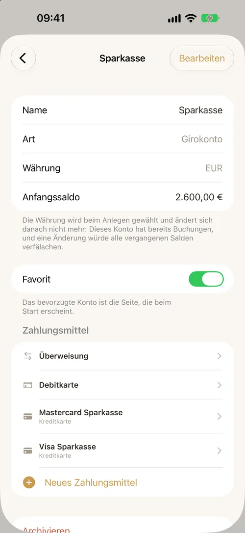Die Detailansicht eines Kontos mit seinen Zahlungsmitteln.