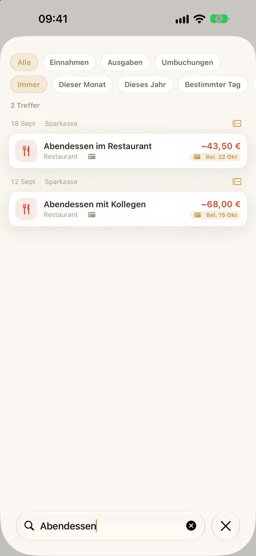 Die Suche in den Buchungen, mit Filtern nach Art und Zeitraum.