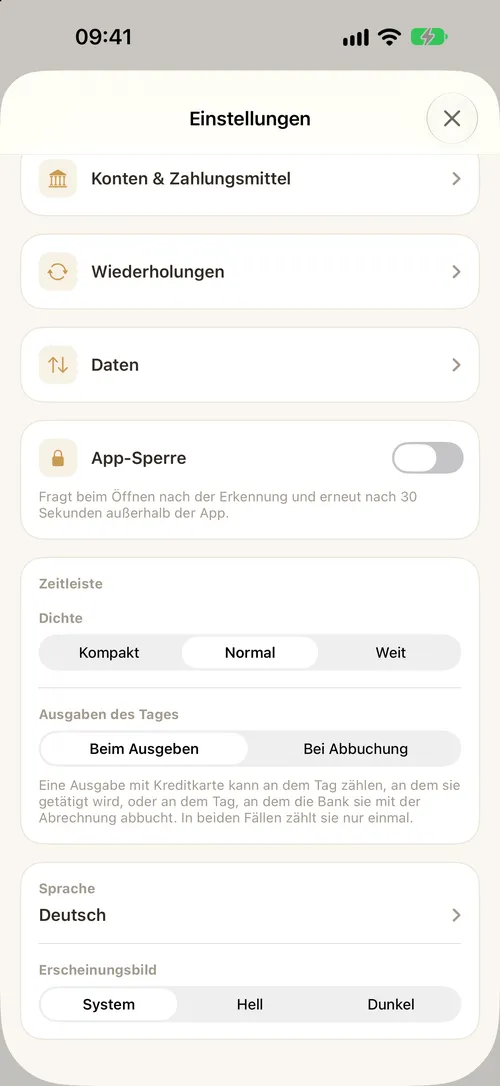 Einstellungen: Sprache, Erscheinungsbild, Dichte und App-Sperre.