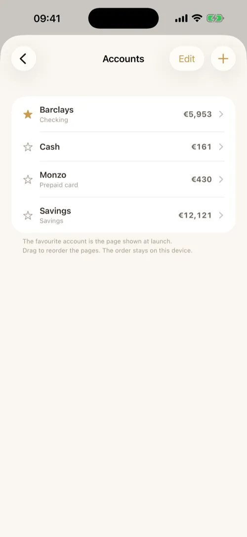 The account list with balances and the favourite account.