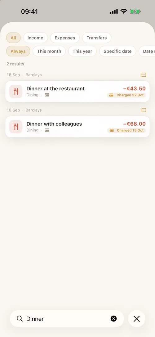 Search across entries, with filters by type and period.