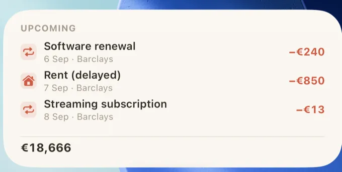 The widget showing upcoming entries for the chosen account.