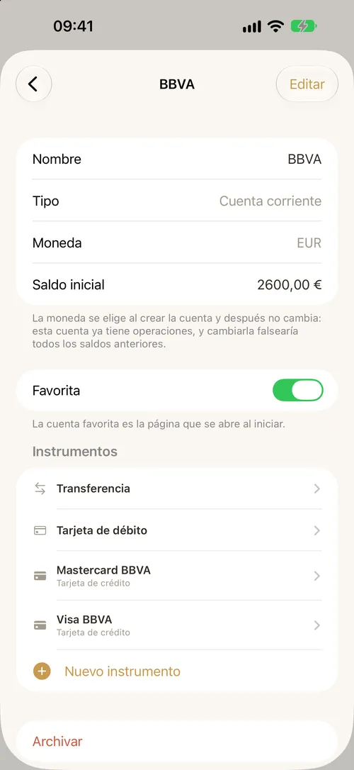 La vista de detalle de una cuenta con sus instrumentos de pago.