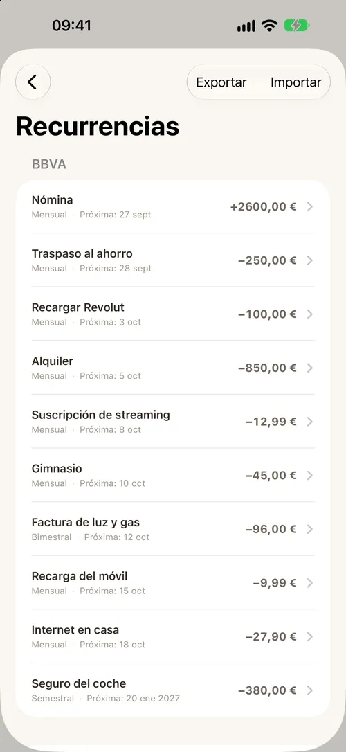 La lista de los movimientos periódicos con su próxima aparición.