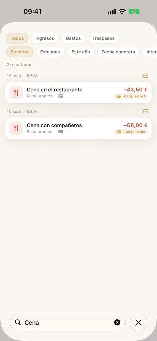La búsqueda entre los movimientos, con filtros por tipo y por periodo.