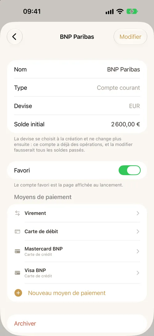 Le détail d'un compte avec ses moyens de paiement.