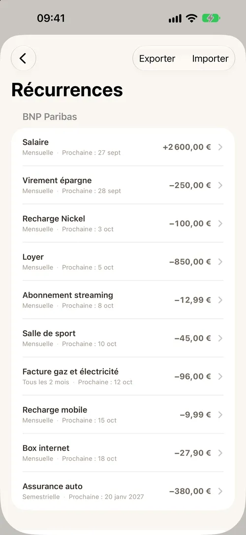 La liste des opérations récurrentes avec la prochaine occurrence de chacune.