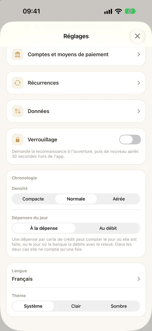 Réglages : langue, thème, densité et verrouillage de l'app.