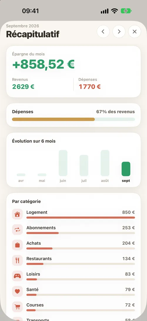 Revenus et dépenses totalisés par catégorie.