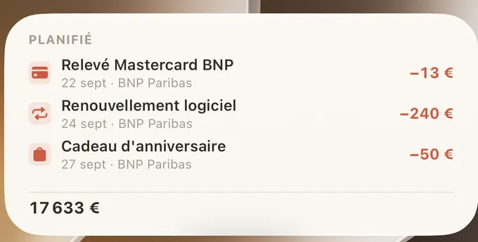 Le widget avec les prochaines opérations du compte choisi.