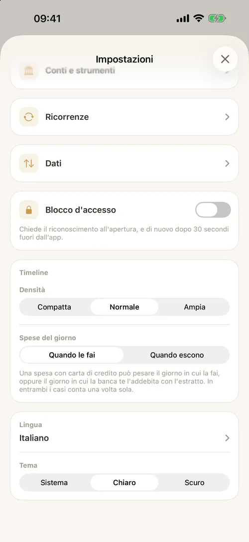 Le impostazioni: lingua, tema, densità e blocco d'accesso.